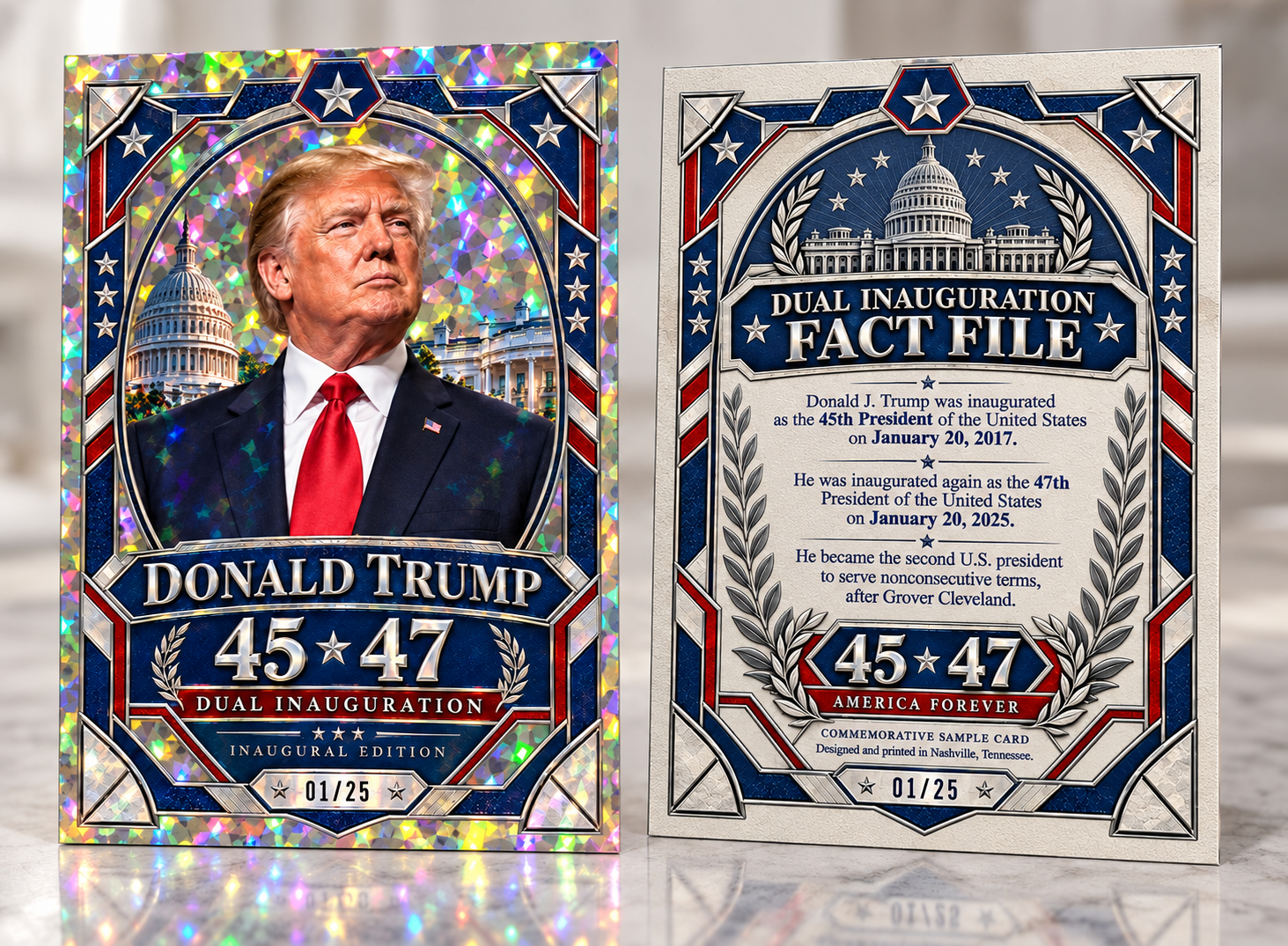 Donald Trump 45 / 47 Dual Inauguration sample trading card, shown front and back with navy, red, silver, and holographic details.